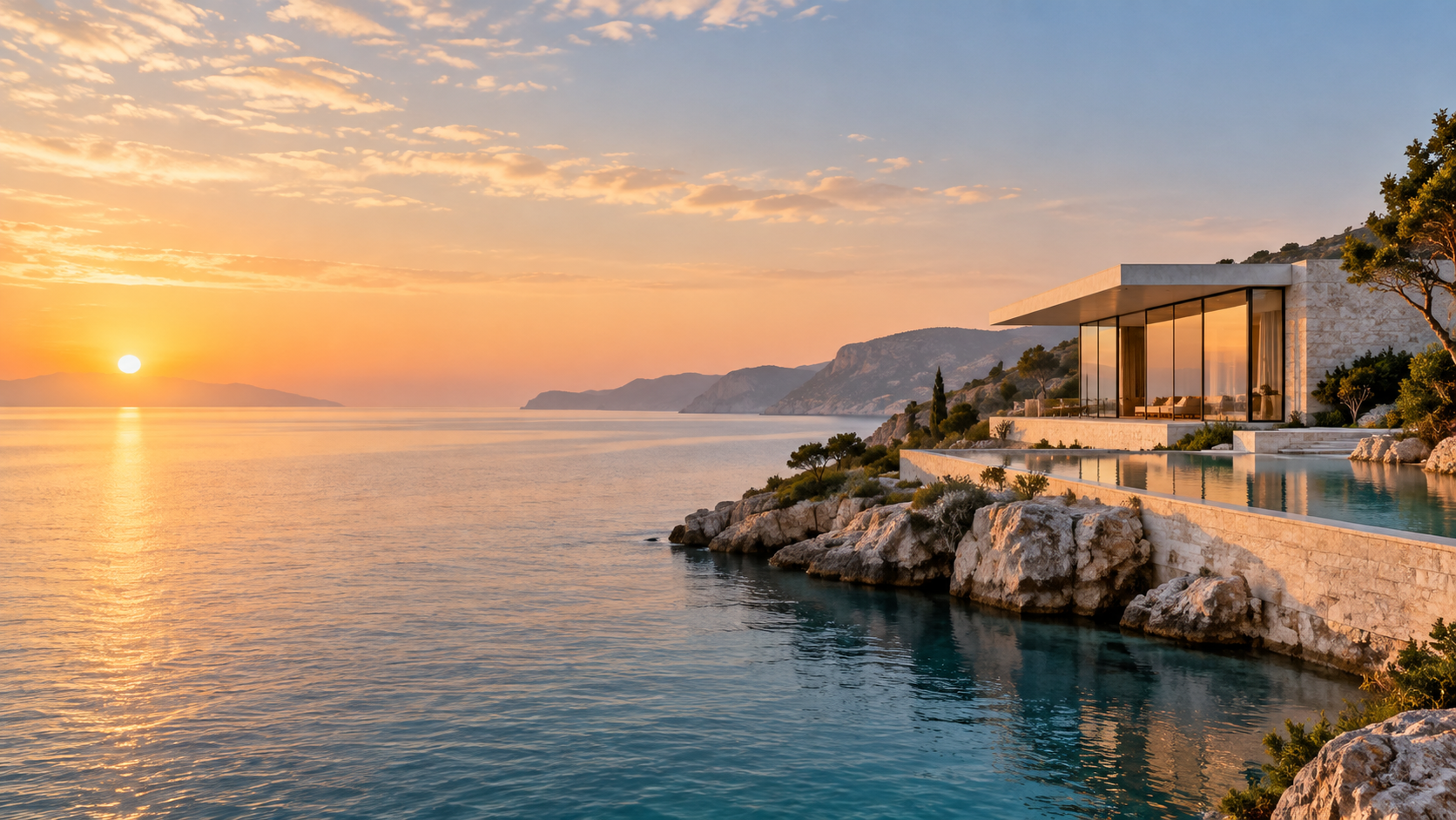 Contemporary coastal pavilion at sunrise